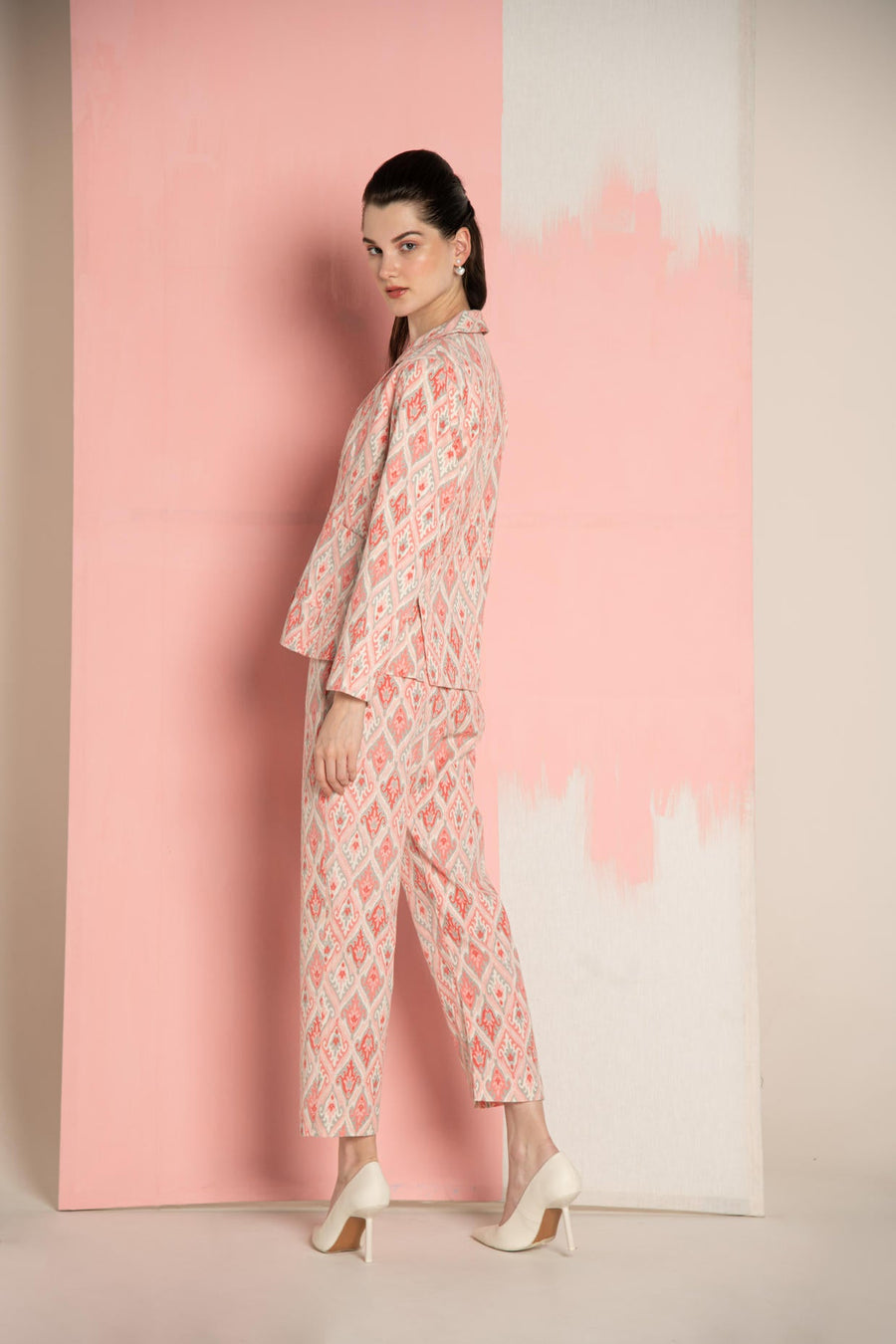 Pink Ikat Print Cotton Flex Lapel Coat Co-Ord (Set of 3)