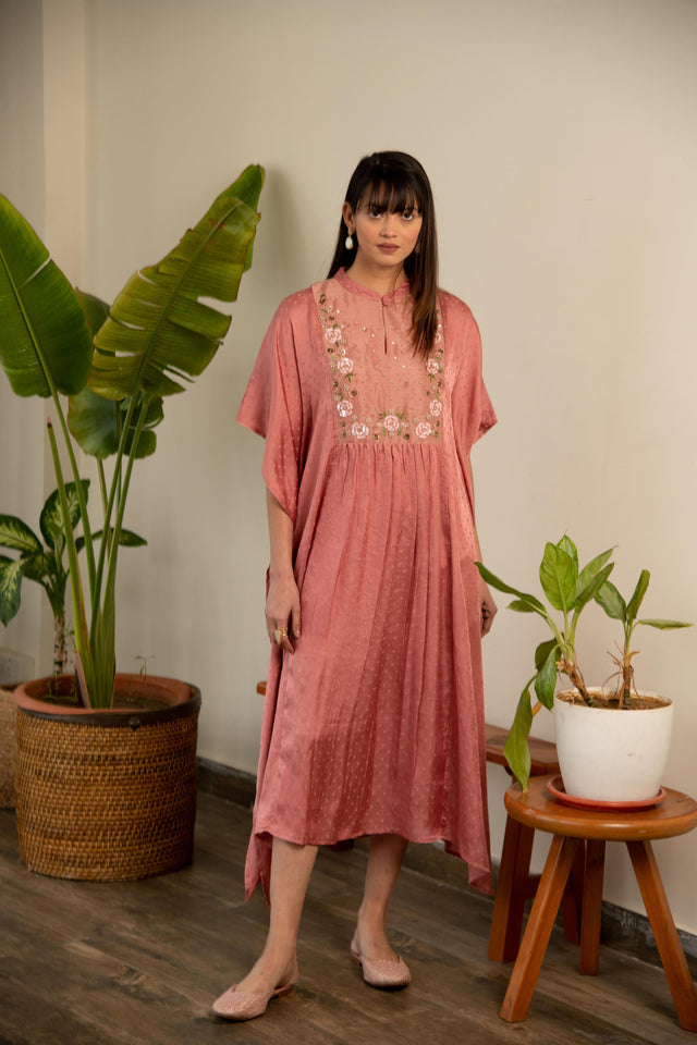 Peach silk Embroidered kaftan