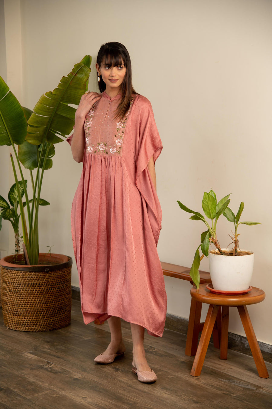 Peach silk Embroidered kaftan