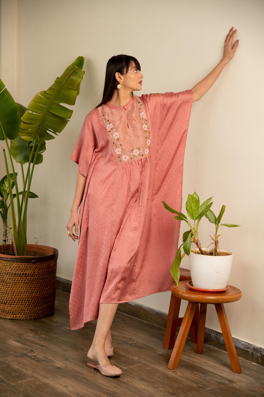 Peach silk Embroidered kaftan