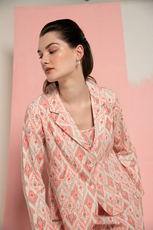 Pink Ikat Print Cotton Flex Lapel Coat Co-Ord (Set of 3)