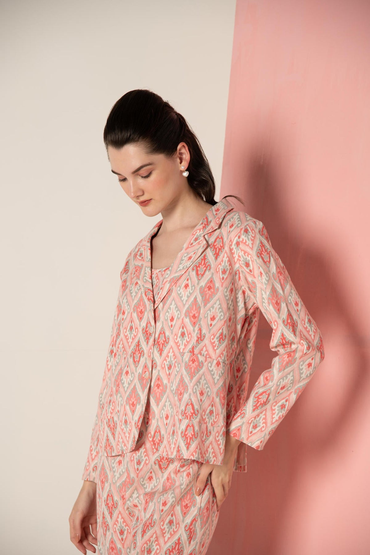 Pink Ikat Print Cotton Flex Lapel Coat Co-Ord (Set of 3)