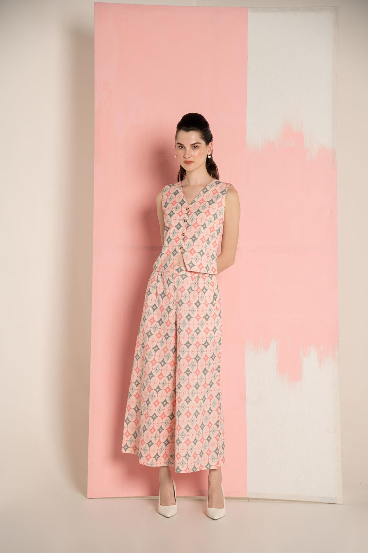 Pink Ikat Cotton Flex Waistcoat & Wide Leg Pant Co-Ord