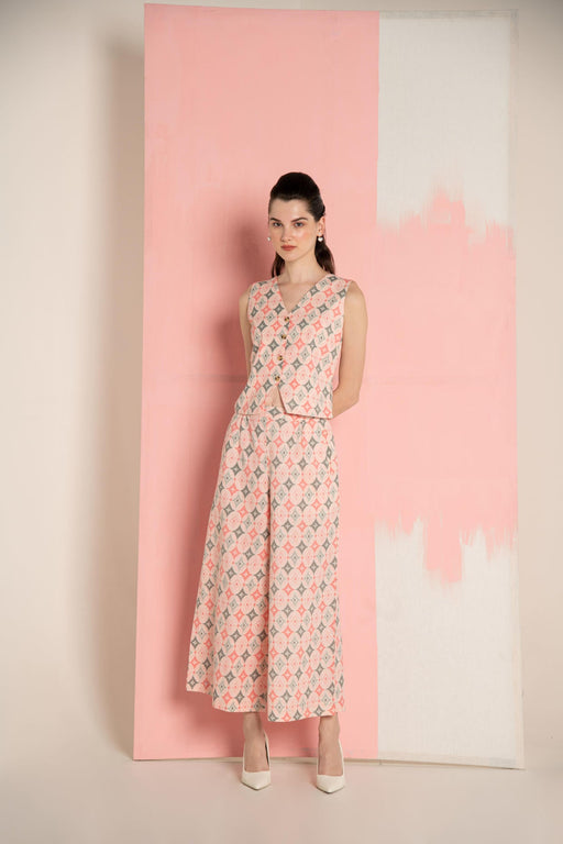 Pink Ikat Cotton Flex Waistcoat & Wide Leg Pant Co-Ord