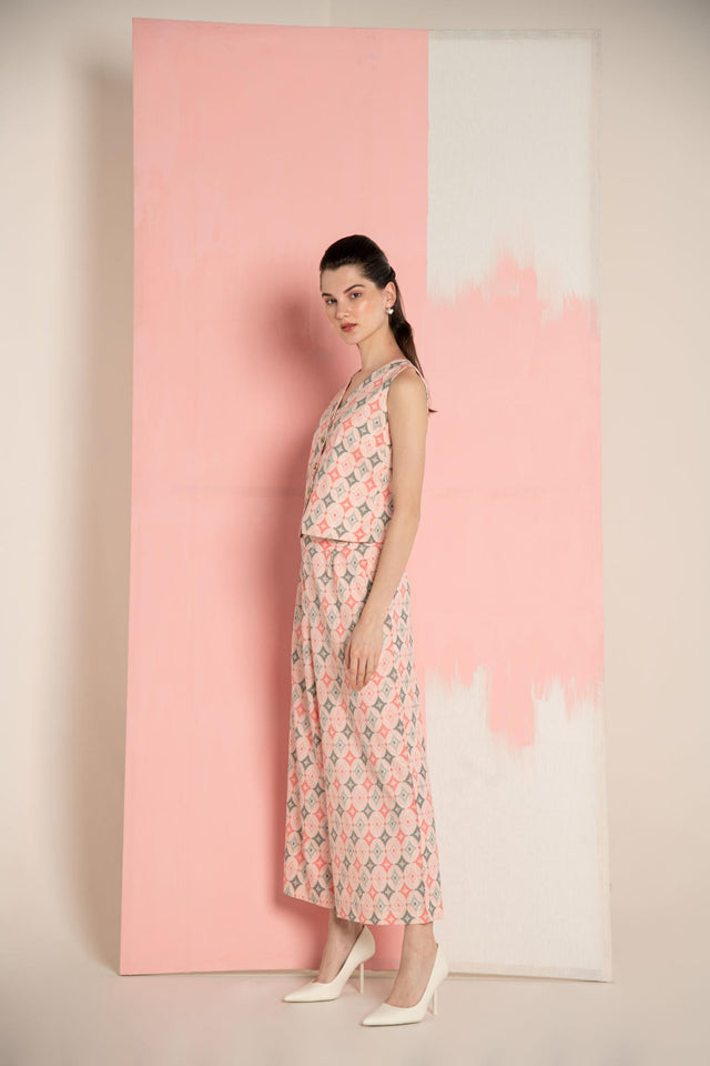 Pink Ikat Cotton Flex Waistcoat & Wide Leg Pant Co-Ord