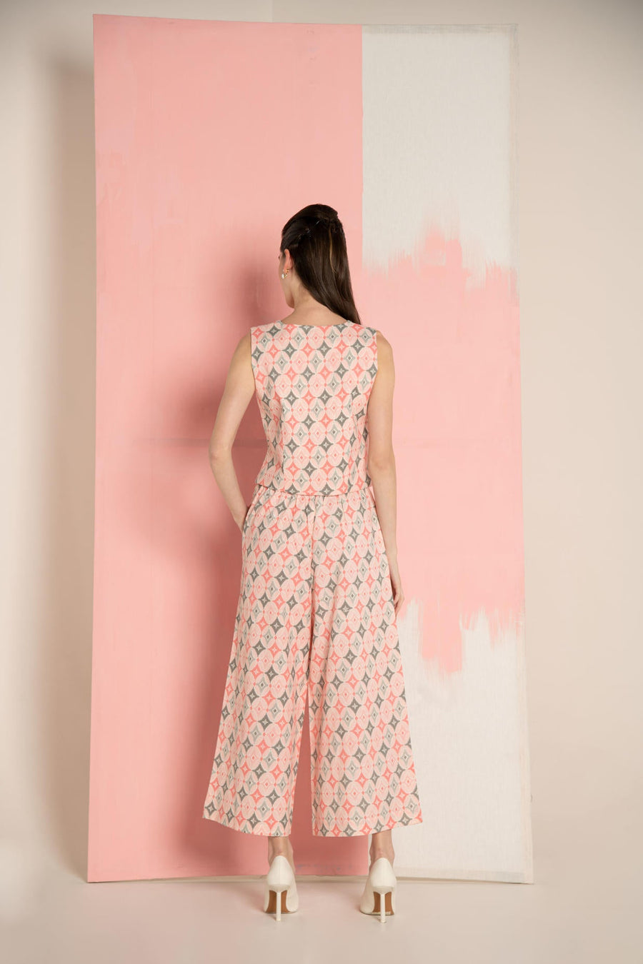 Pink Ikat Cotton Flex Waistcoat & Wide Leg Pant Co-Ord