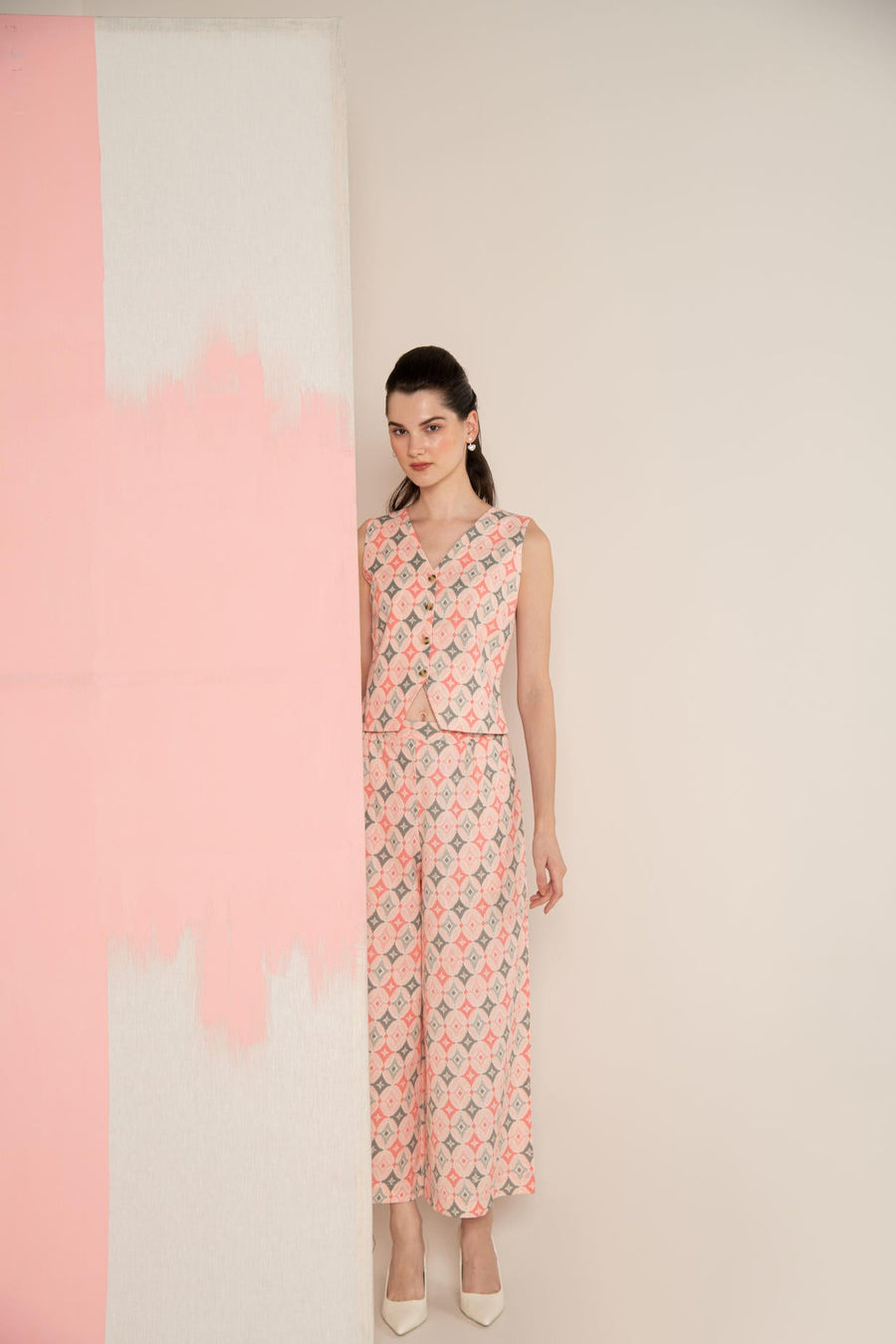Pink Ikat Cotton Flex Waistcoat & Wide Leg Pant Co-Ord