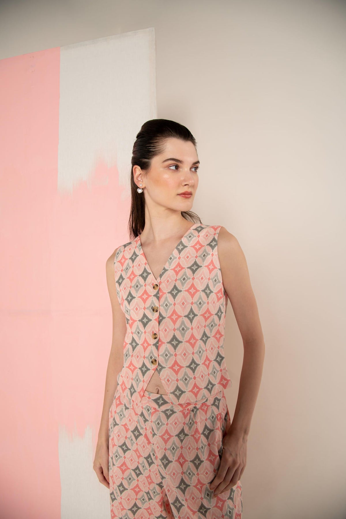 Pink Ikat Cotton Flex Waistcoat & Wide Leg Pant Co-Ord
