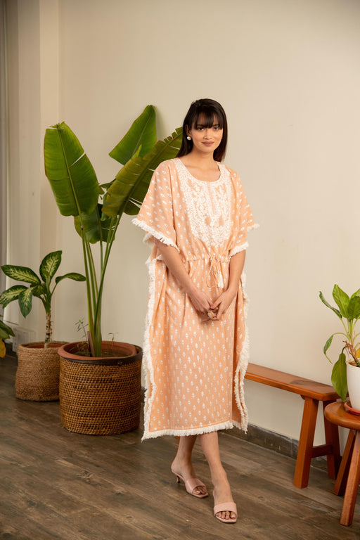 Peach Printed Cotton Embroidered Kaftan