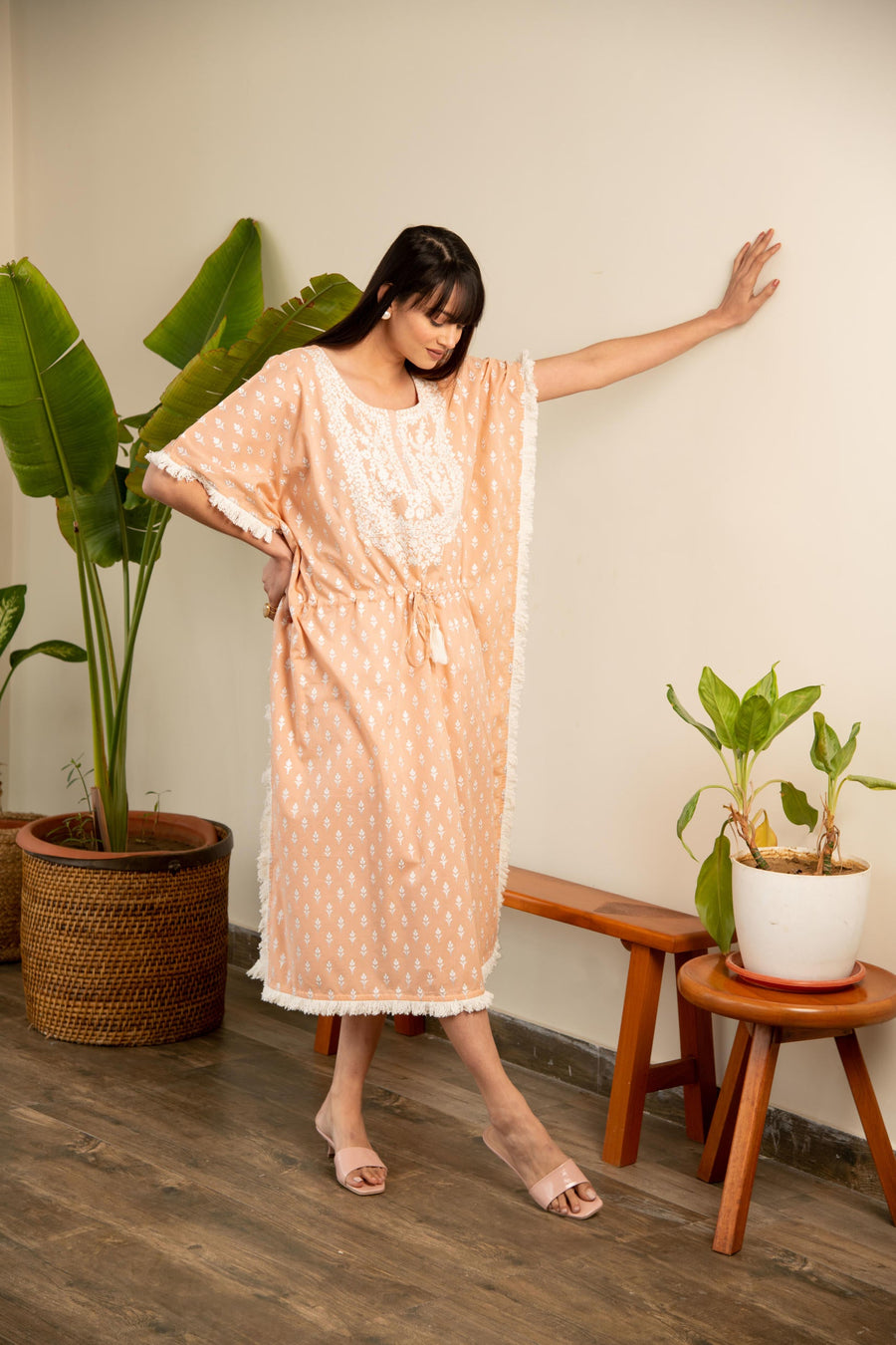 Peach Printed Cotton Embroidered Kaftan