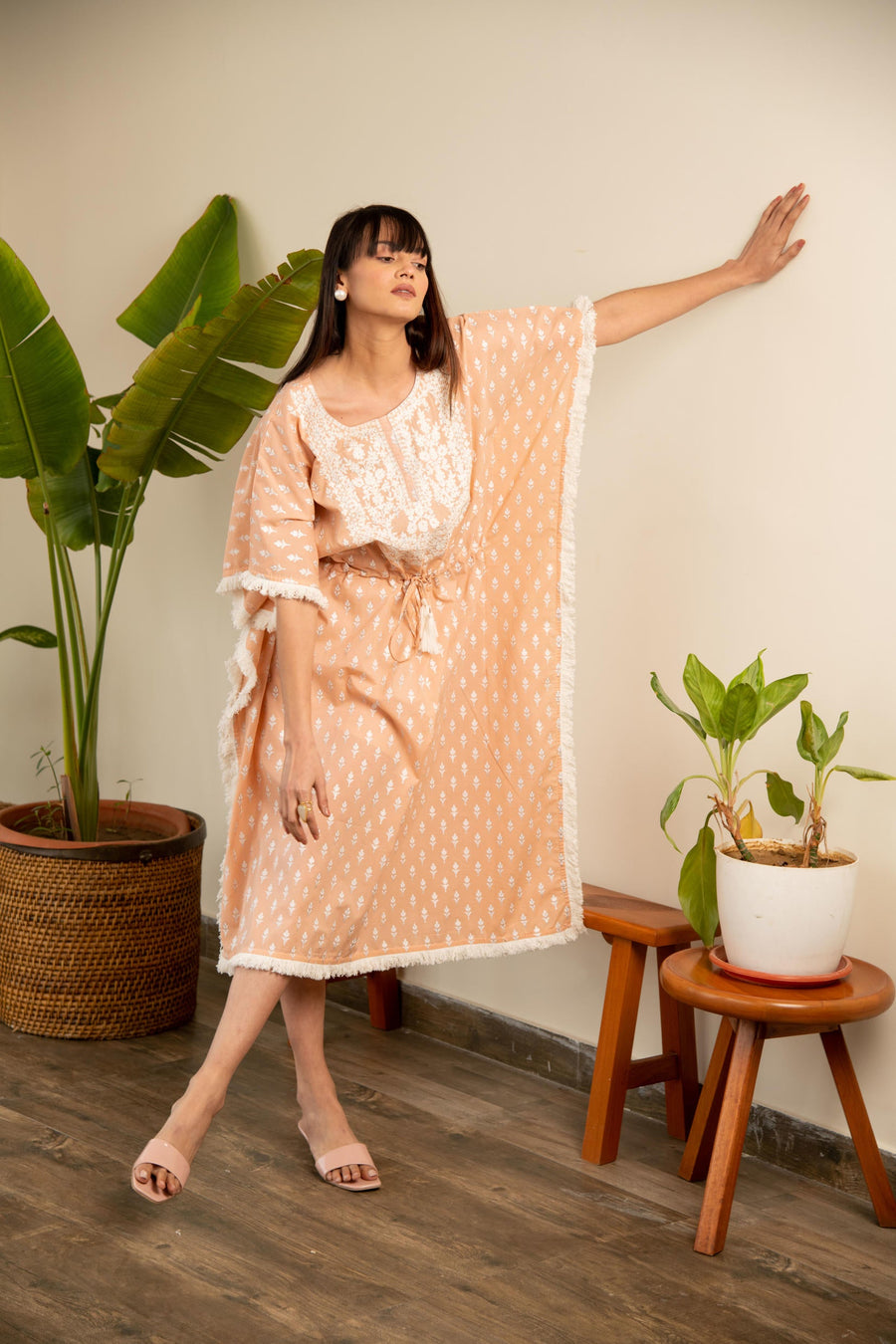Peach Printed Cotton Embroidered Kaftan