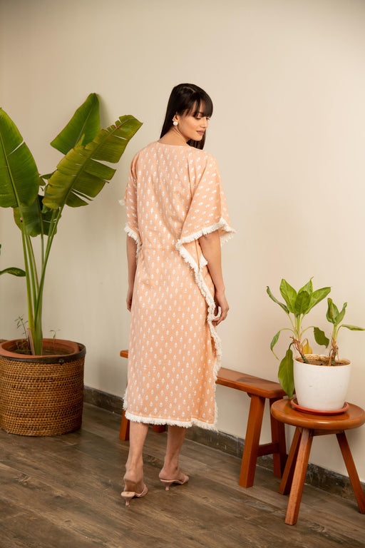 Peach Printed Cotton Embroidered Kaftan