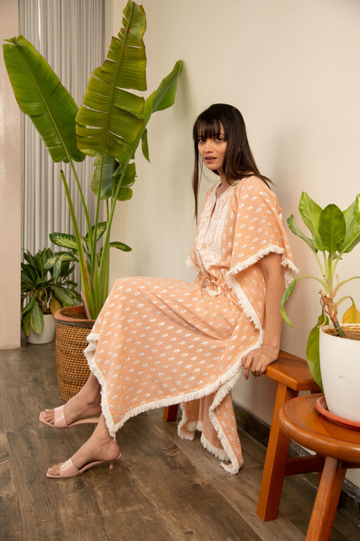 Peach Printed Cotton Embroidered Kaftan