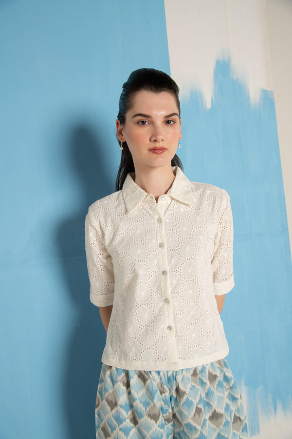 White Cutwork Crop Shirt Top