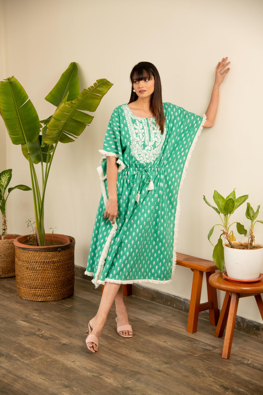 Green Printed Cotton Embroidered Kaftan