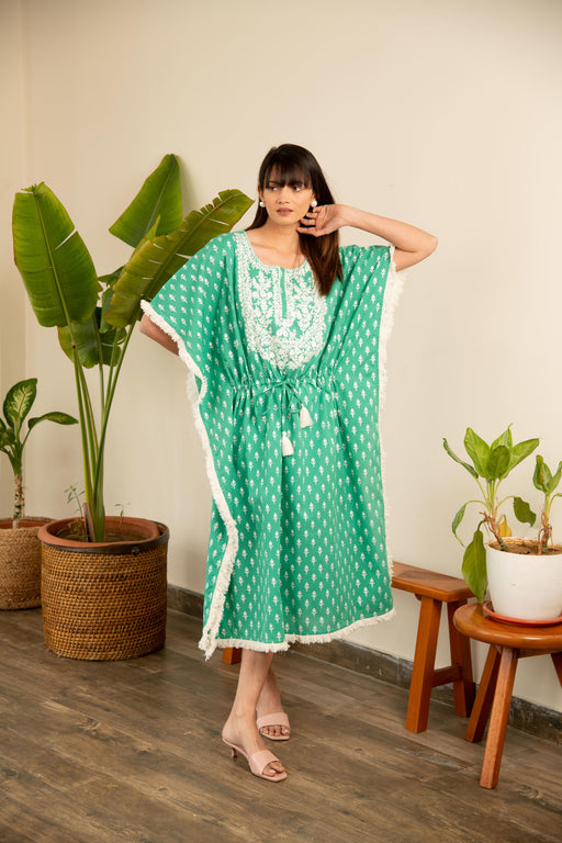 Green Printed Cotton Embroidered Kaftan