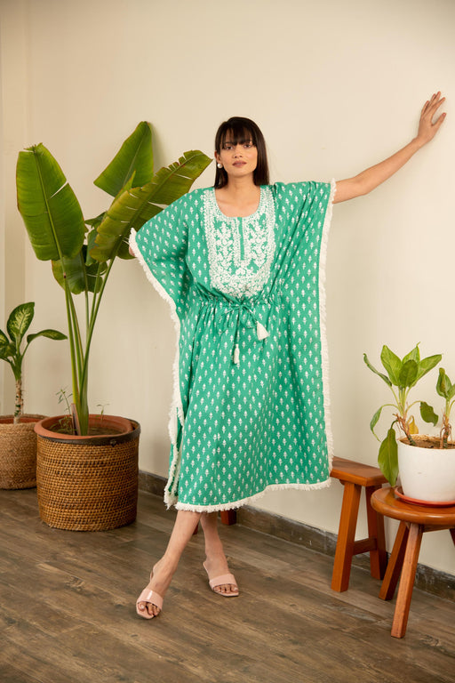 Green Printed Cotton Embroidered Kaftan