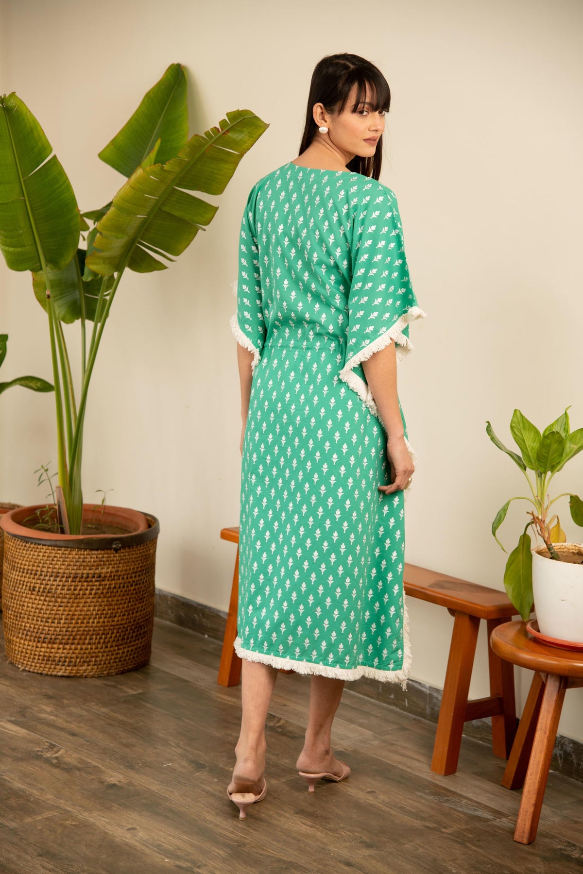 Green Printed Cotton Embroidered Kaftan
