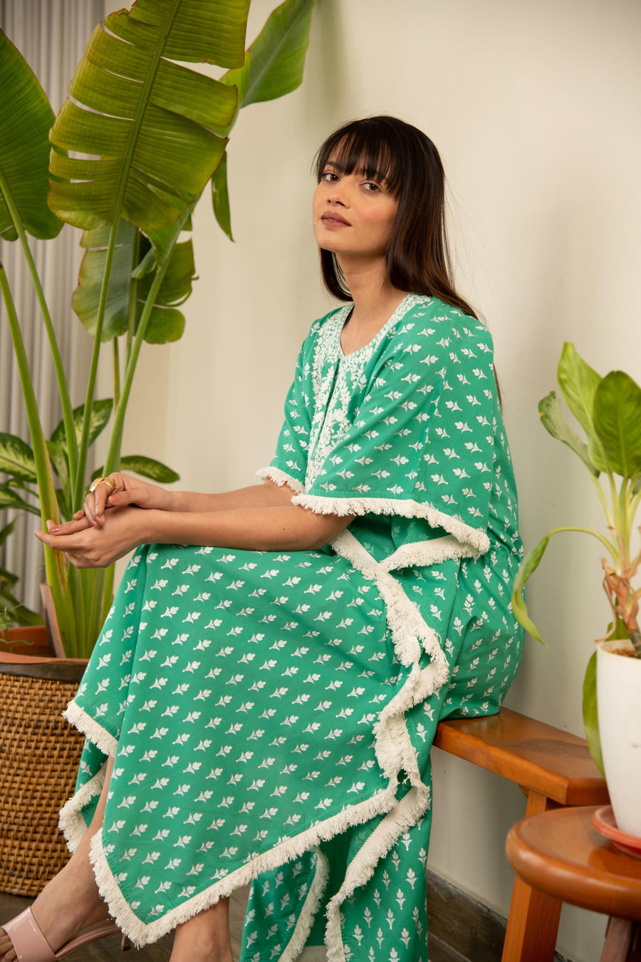 Green Printed Cotton Embroidered Kaftan