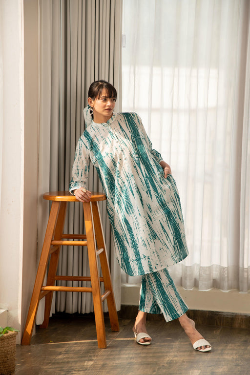 Green and White Shibori Print Co-Ord Set