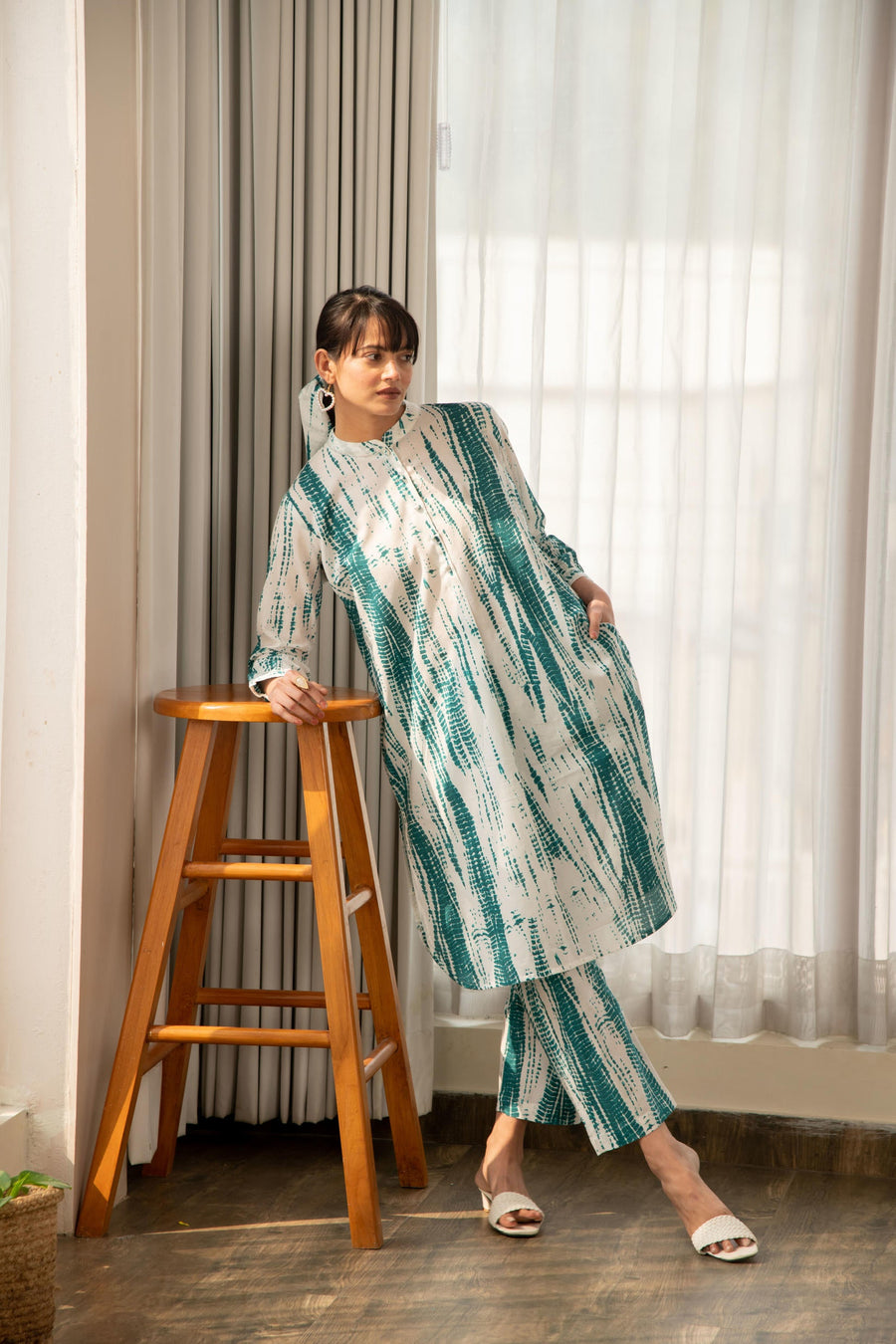 Green and White Shibori Print Co-Ord Set