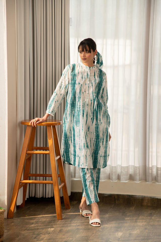 Green and White Shibori Print Co-Ord Set