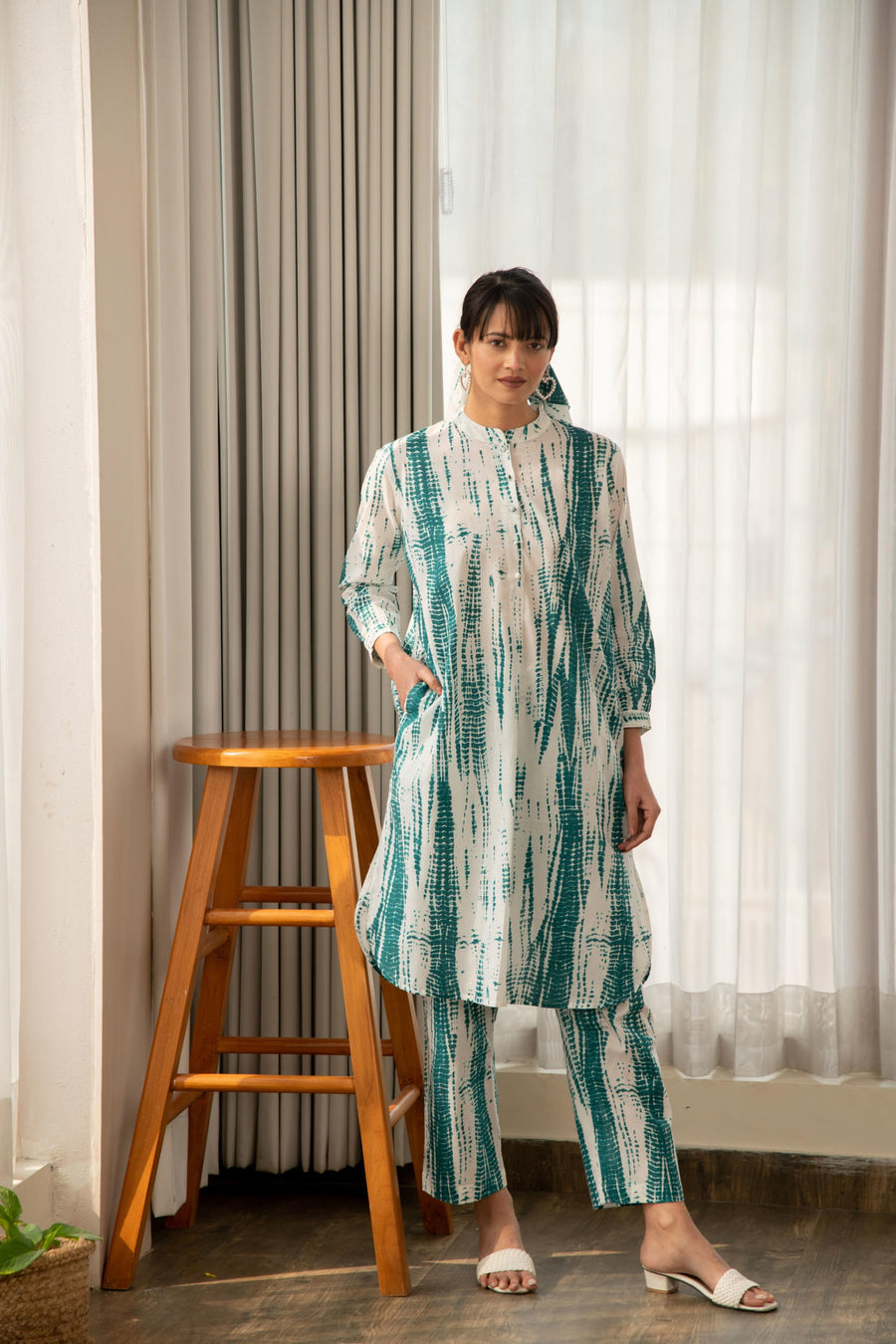 Green and White Shibori Print Co-Ord Set
