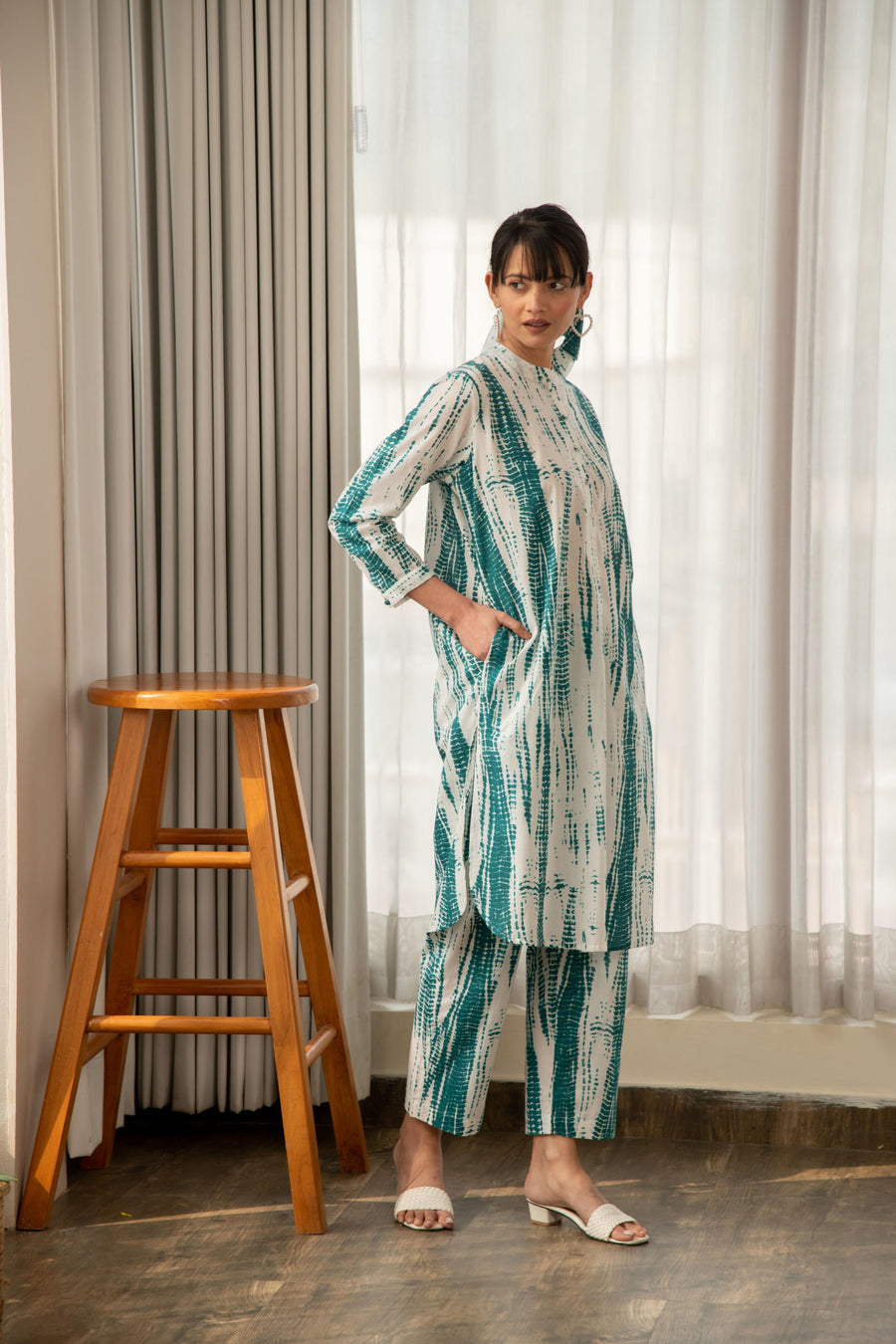 Green and White Shibori Print Co-Ord Set