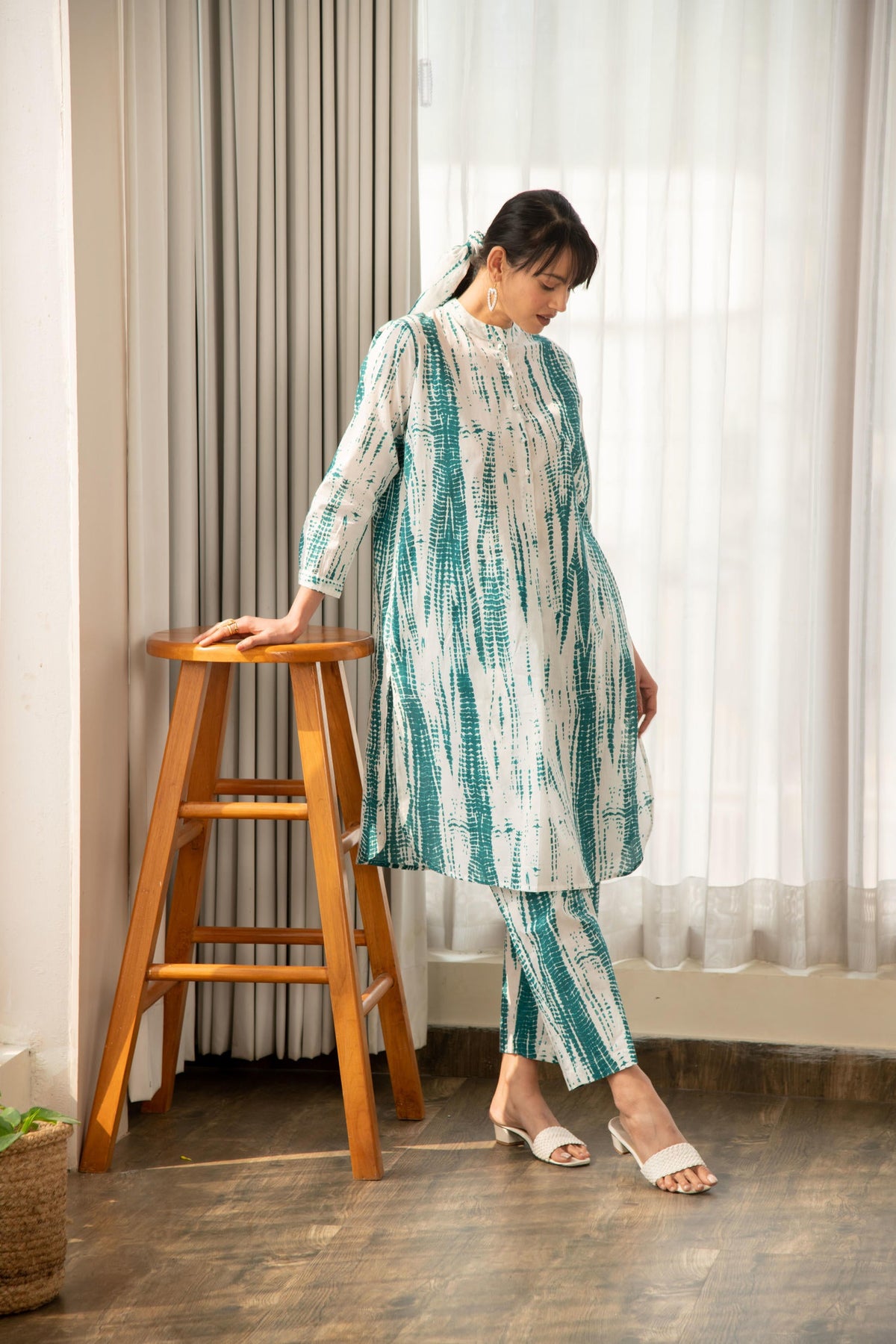 Green and White Shibori Print Co-Ord Set