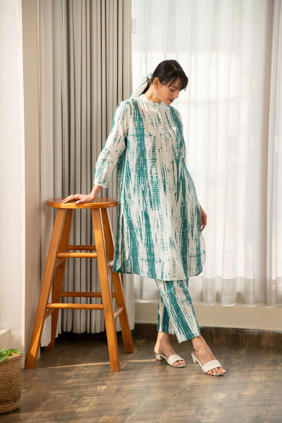 Green and White Shibori Print Co-Ord Set