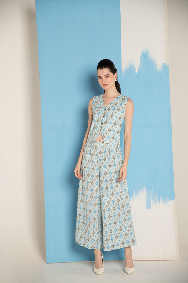 Blue Ikat Cotton Flex Waistcoat & Wide Leg Pant Co-Ord