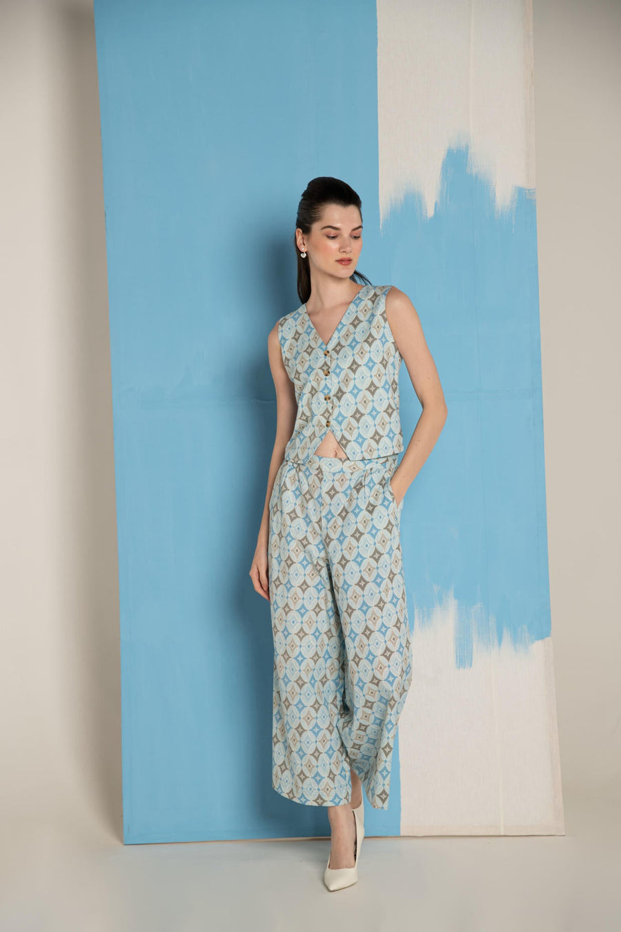 Blue Ikat Cotton Flex Waistcoat & Wide Leg Pant Co-Ord