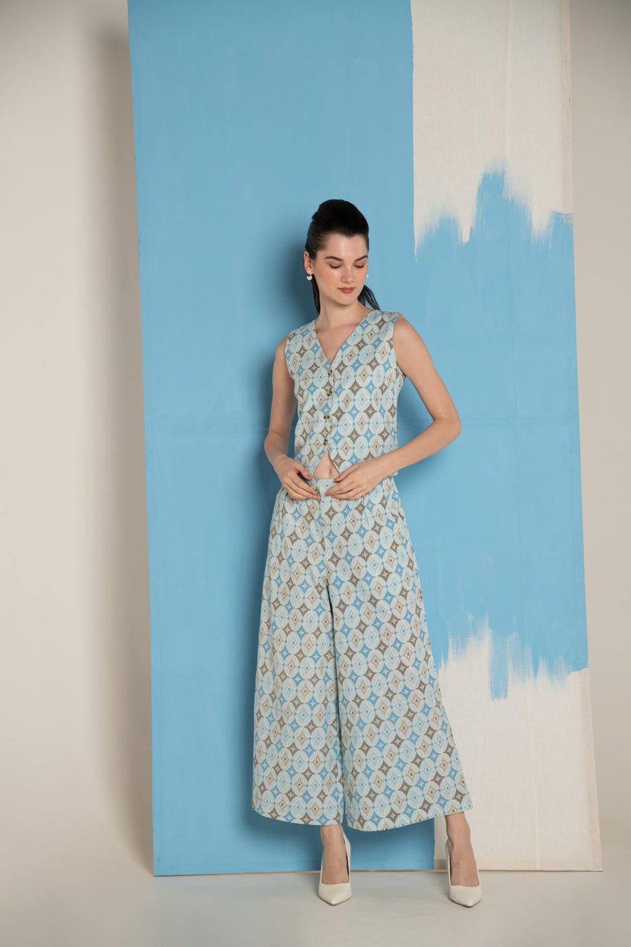 Blue Ikat Cotton Flex Waistcoat & Wide Leg Pant Co-Ord