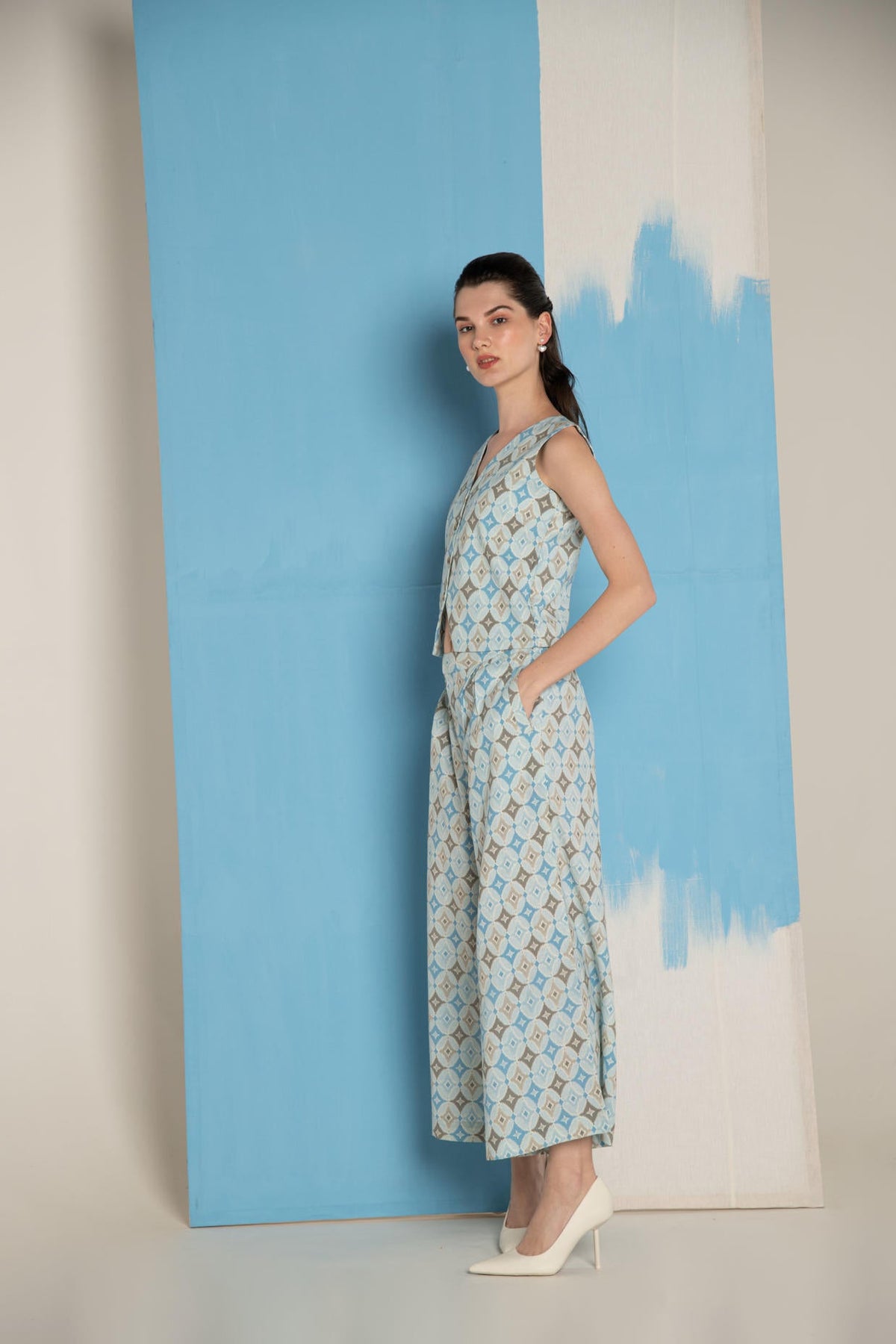 Blue Ikat Cotton Flex Waistcoat & Wide Leg Pant Co-Ord