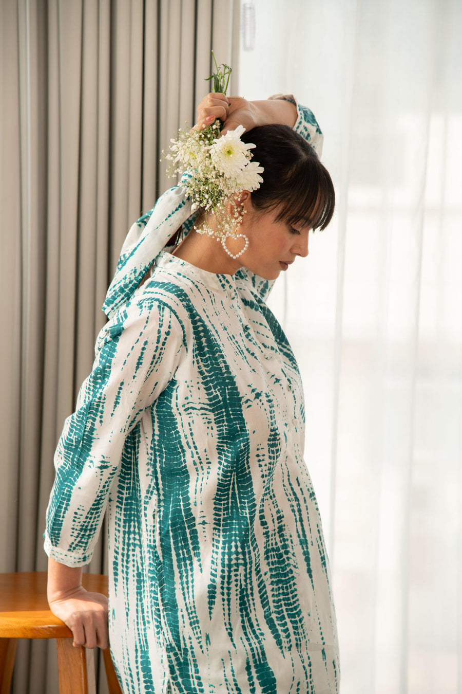 Green and White Shibori Print Co-Ord Set
