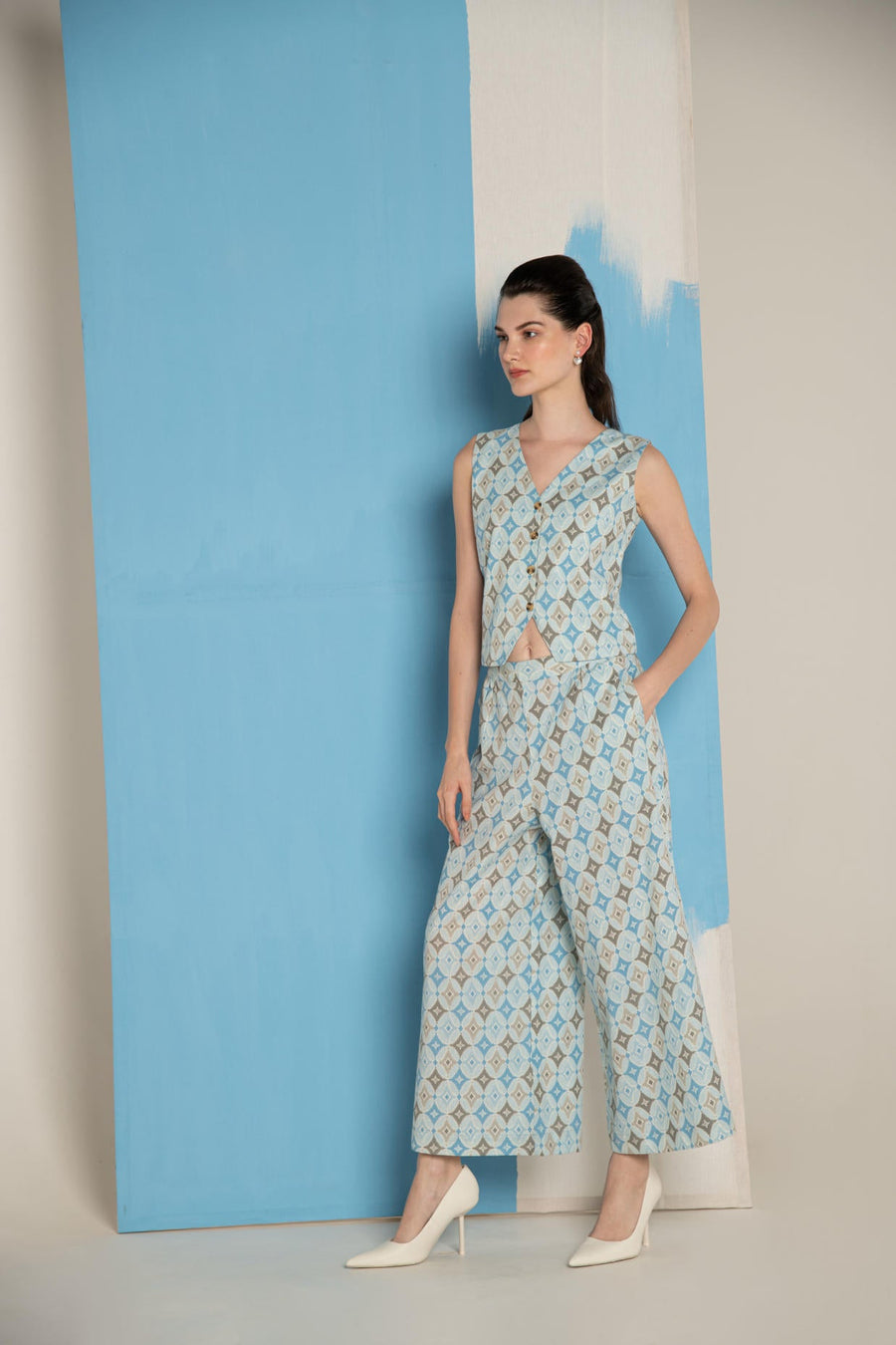 Blue Ikat Cotton Flex Waistcoat & Wide Leg Pant Co-Ord