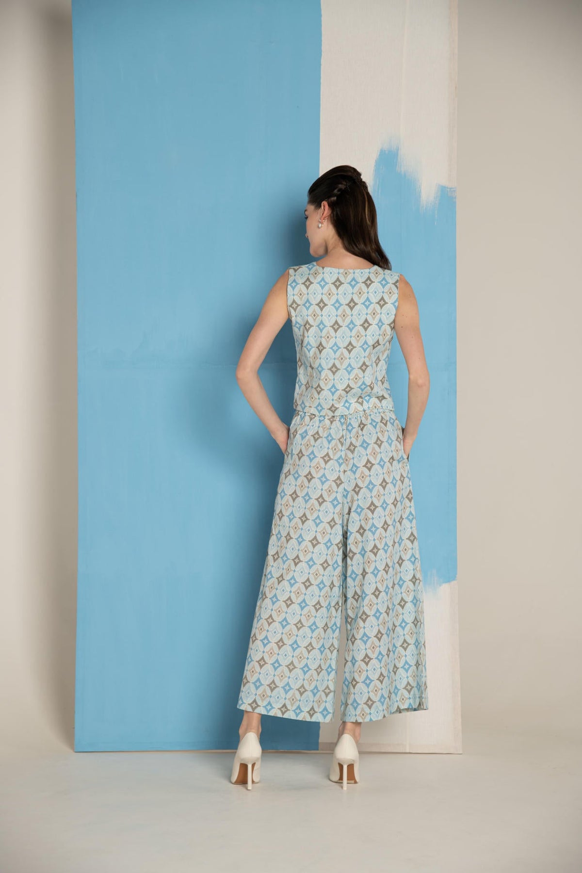 Blue Ikat Cotton Flex Waistcoat & Wide Leg Pant Co-Ord
