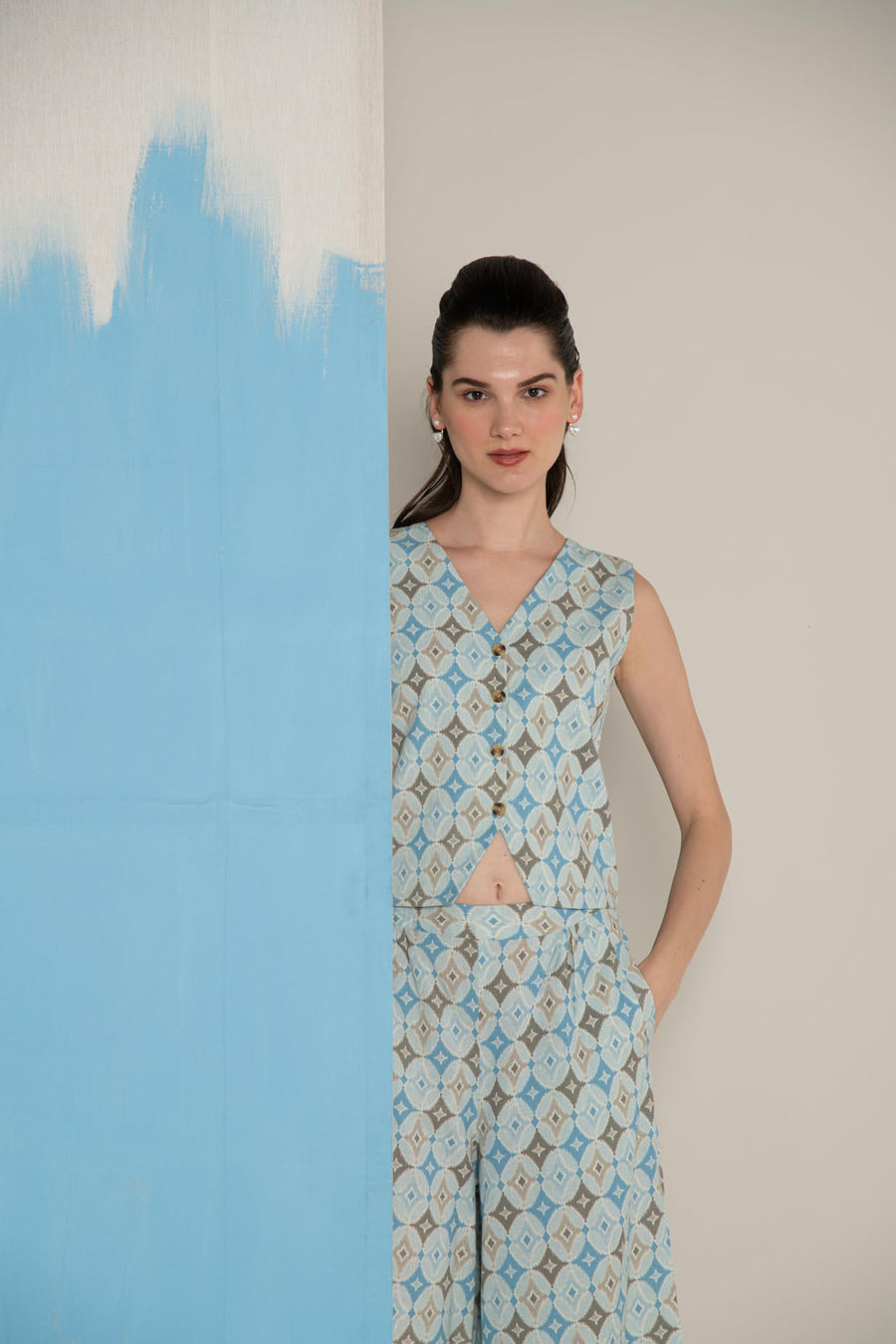 Blue Ikat Cotton Flex Waistcoat & Wide Leg Pant Co-Ord