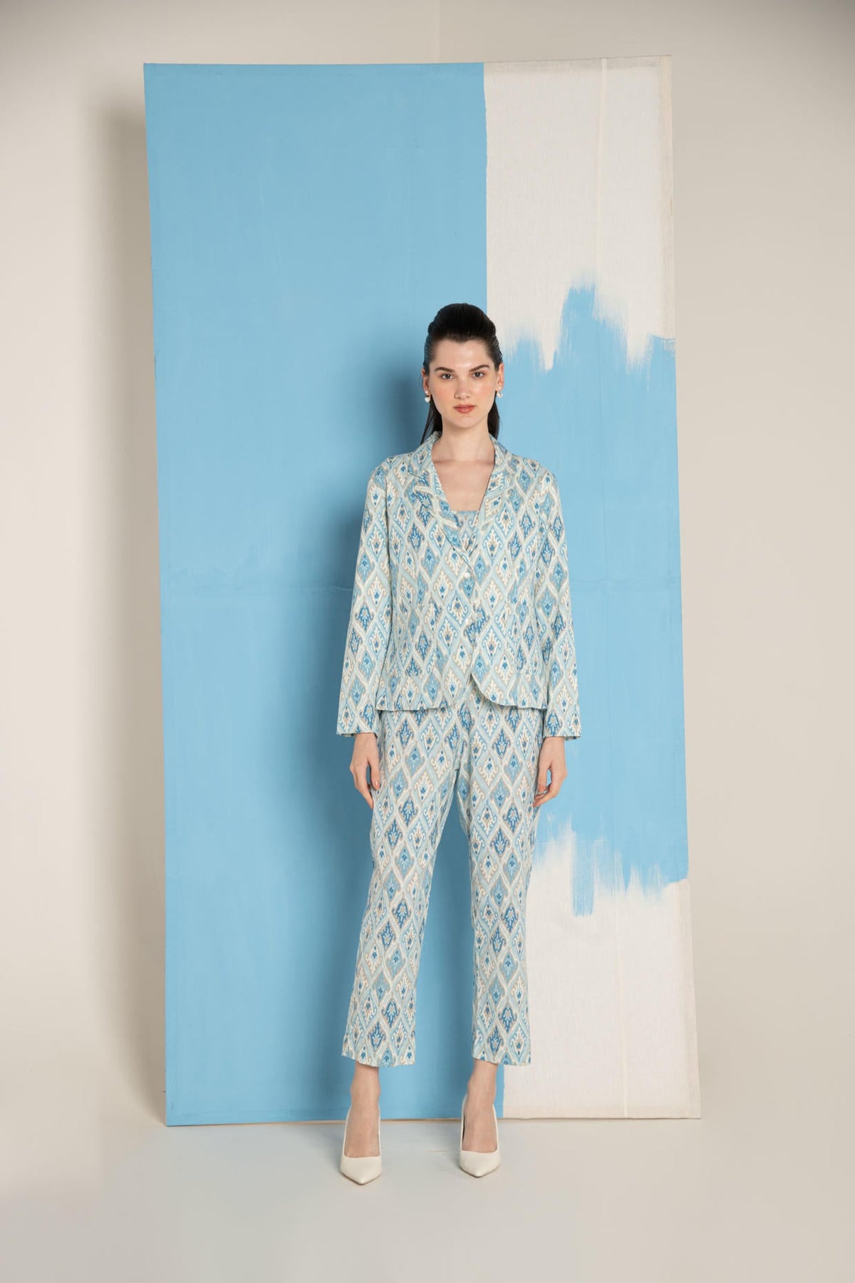 Blue Ikat Print Cotton Flex Lapel Coat Co-Ord (Set of 3)