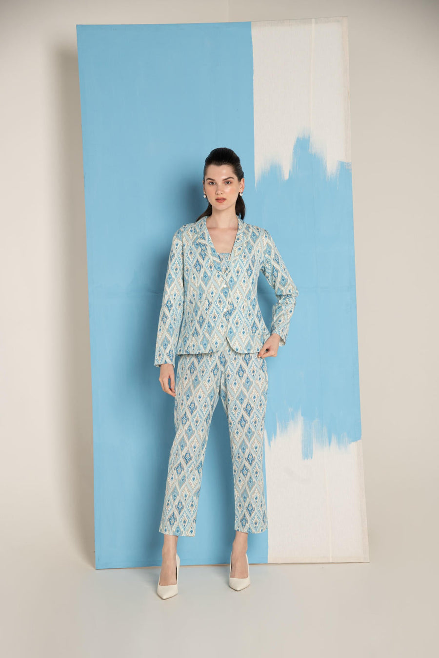 Blue Ikat Print Cotton Flex Lapel Coat Co-Ord (Set of 3)