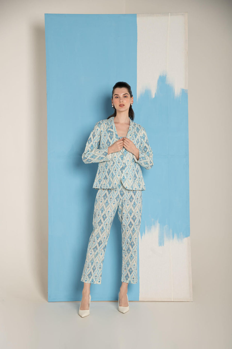 Blue Ikat Print Cotton Flex Lapel Coat Co-Ord (Set of 3)