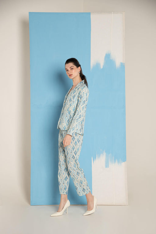 Blue Ikat Print Cotton Flex Lapel Coat Co-Ord (Set of 3)