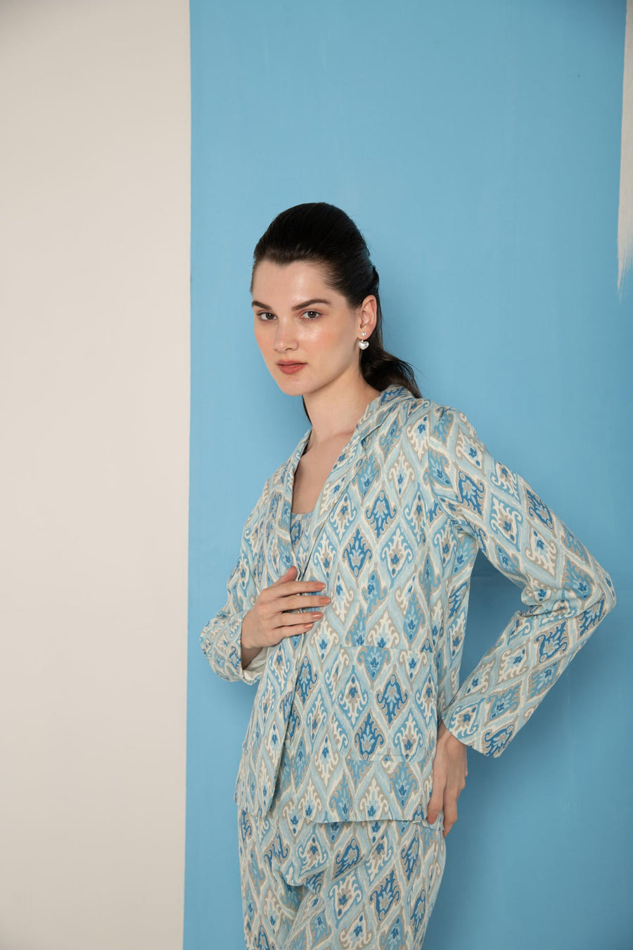 Blue Ikat Print Cotton Flex Lapel Coat Co-Ord (Set of 3)