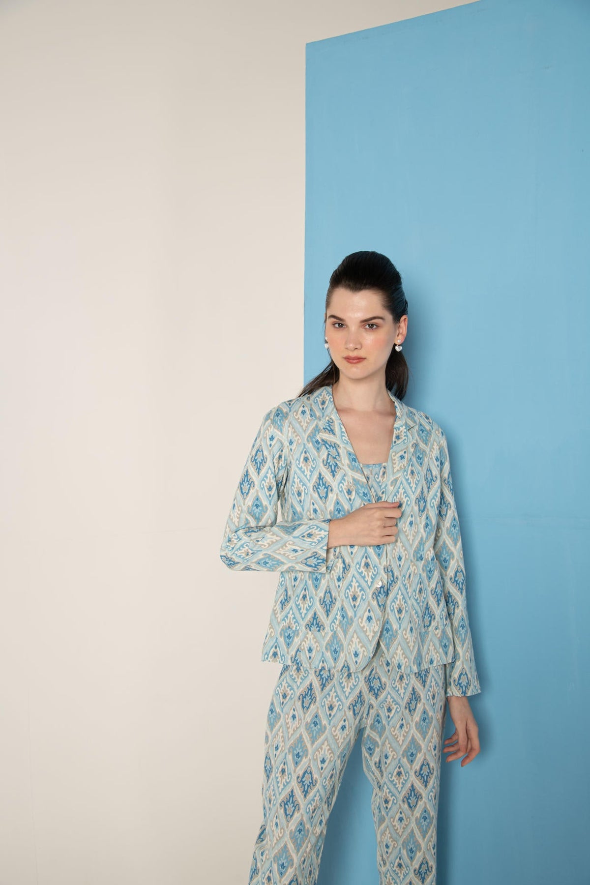Blue Ikat Print Cotton Flex Lapel Coat Co-Ord (Set of 3)