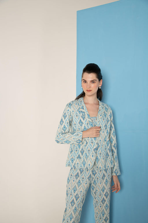 Blue Ikat Print Cotton Flex Lapel Coat Co-Ord (Set of 3)