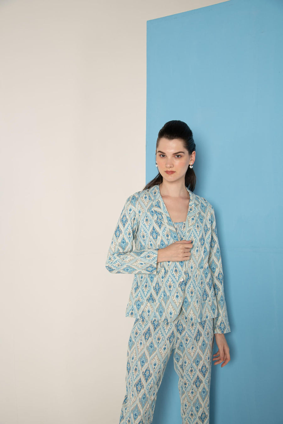 Blue Ikat Print Cotton Flex Lapel Coat Co-Ord (Set of 3)