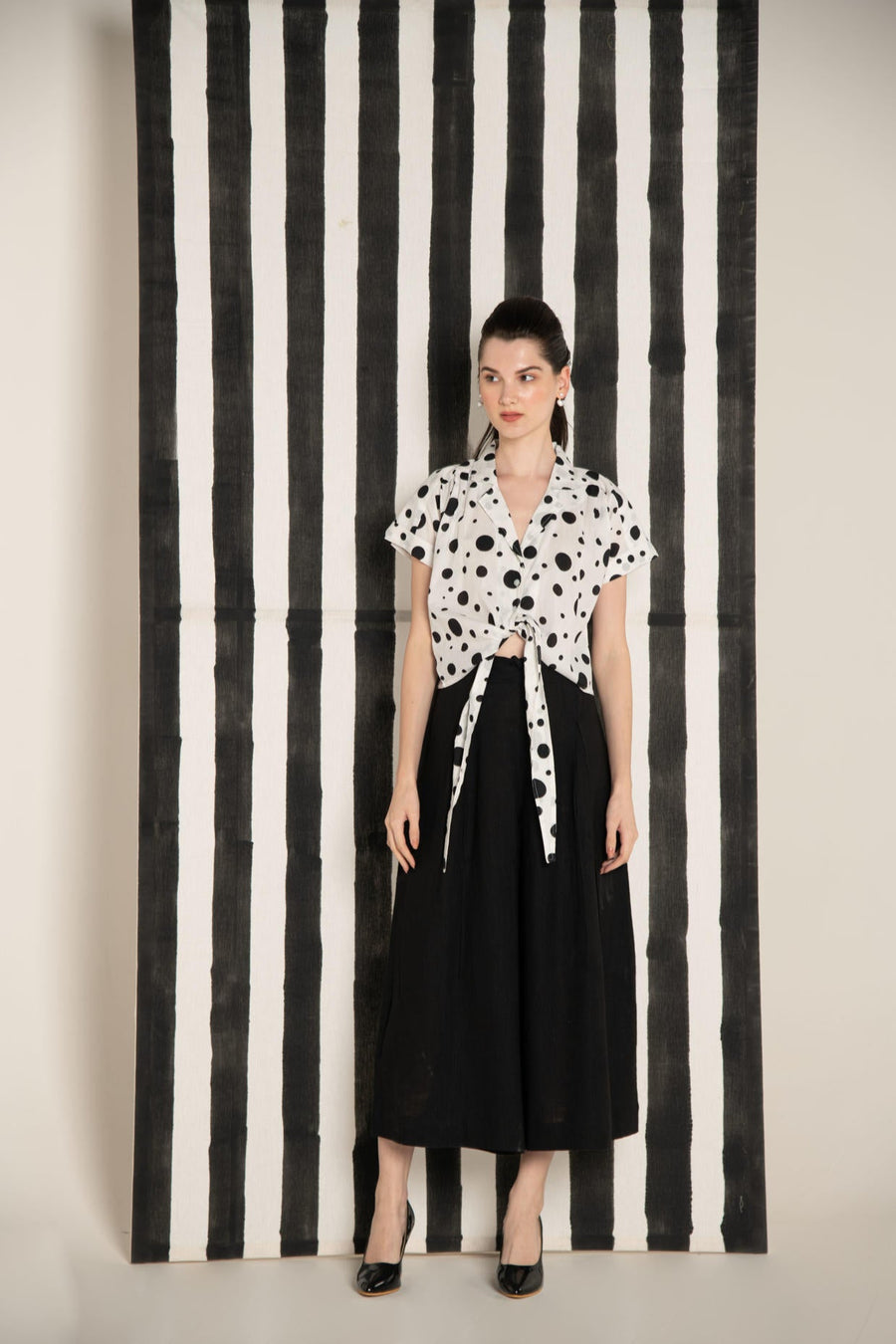Monochrome Polka Dot Cotton Crop Shirt.