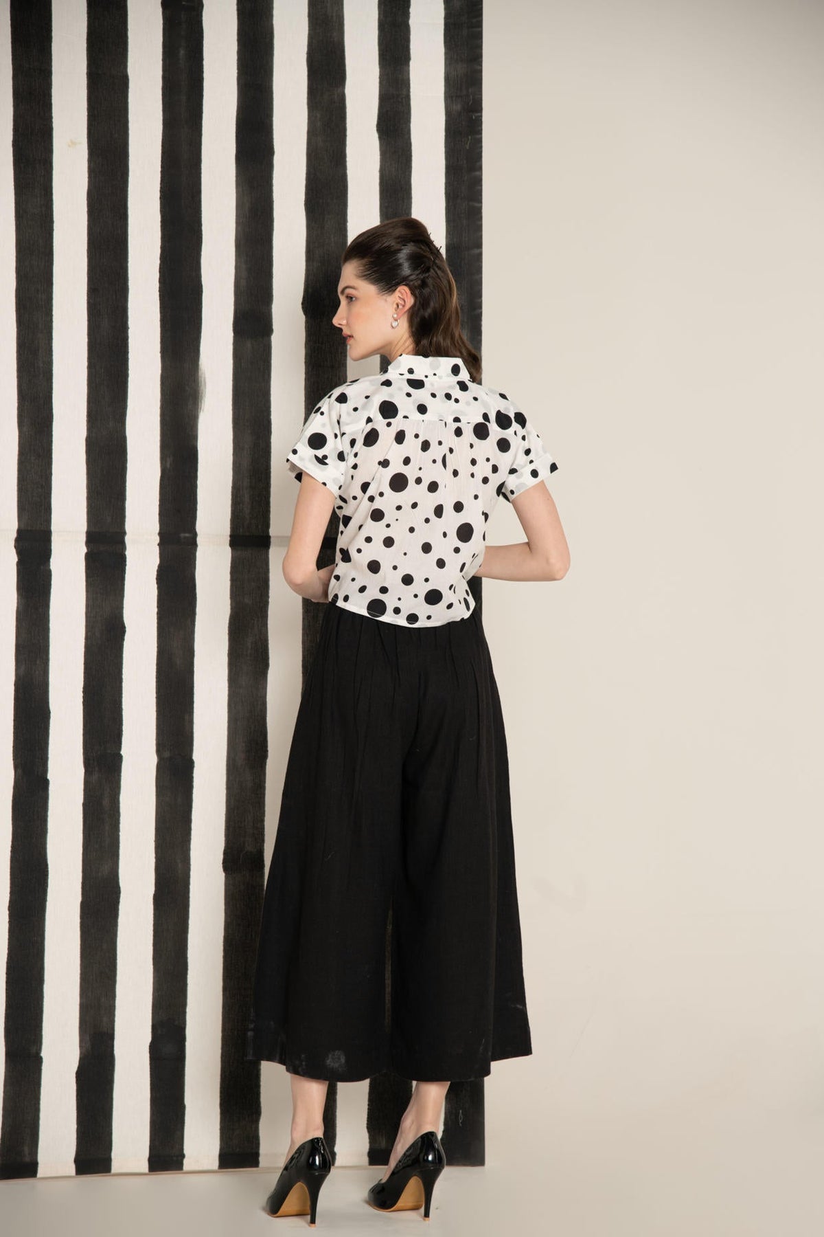 Monochrome Polka Dot Cotton Crop Shirt.