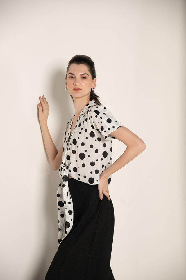 Monochrome Polka Dot Cotton Crop Shirt.