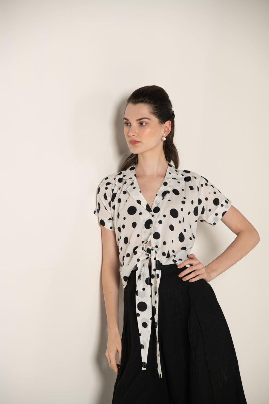 Monochrome Polka Dot Cotton Crop Shirt.